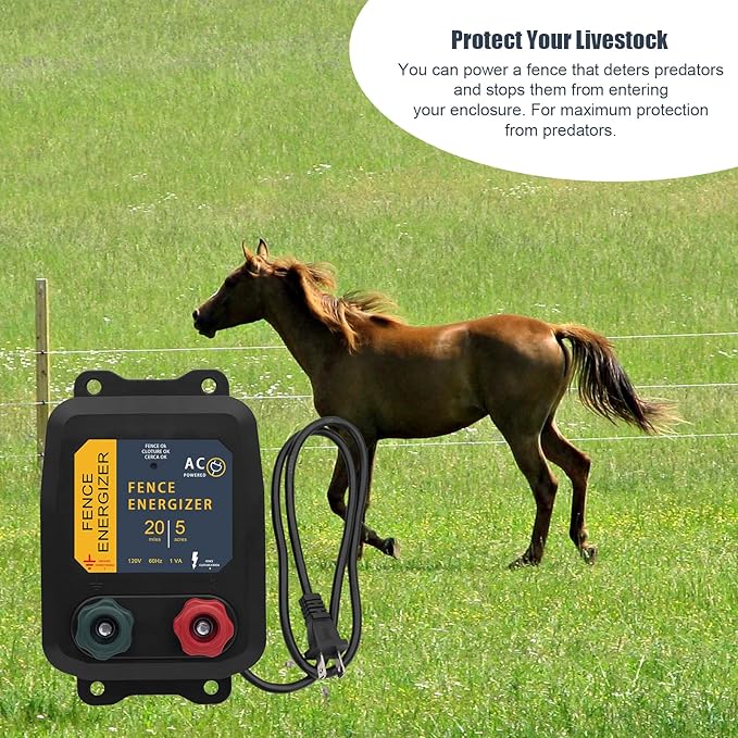 Electric Fence Energizer with 250 Ft 17 Gauge Aluminum Wire, 5 Miles/ 20 Acres 0.2 Joule Electric Fence Charger Plug-in Design for Preventing Raccoons, Livestock, Chicken Coops, Skunks intruding