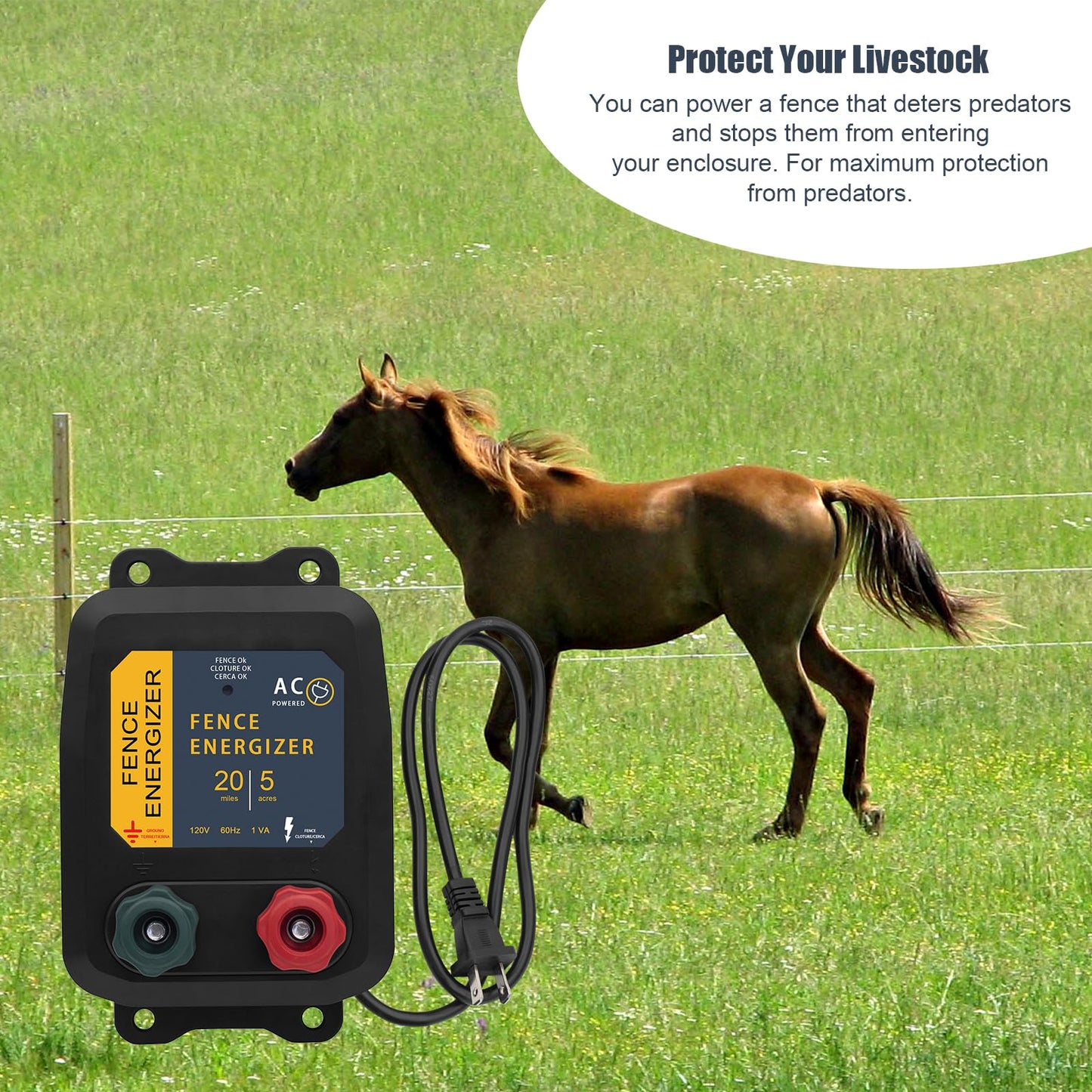 Electric Fence Energizer 5 Miles/ 20 Acres AC Powered 120 Volt, Plug-in Electric Fence Charger Output 0.2 Joule for Preventing Raccoons, Livestock, Squirrels, Chicken Coops, Skunks intruding