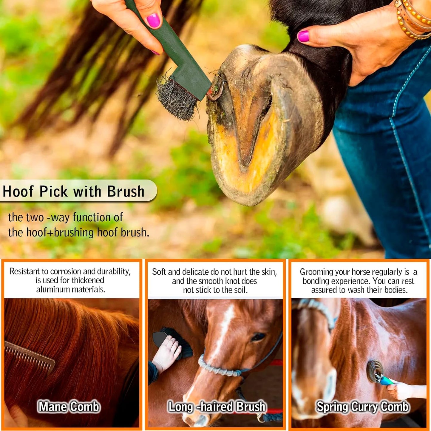 Horse Grooming Kit, Horse Brush Set, 10Pcs Horse Cleaning Kit with Brush, Sweat Scraper, Curry Comb, Hoof Pick, Tote Bag