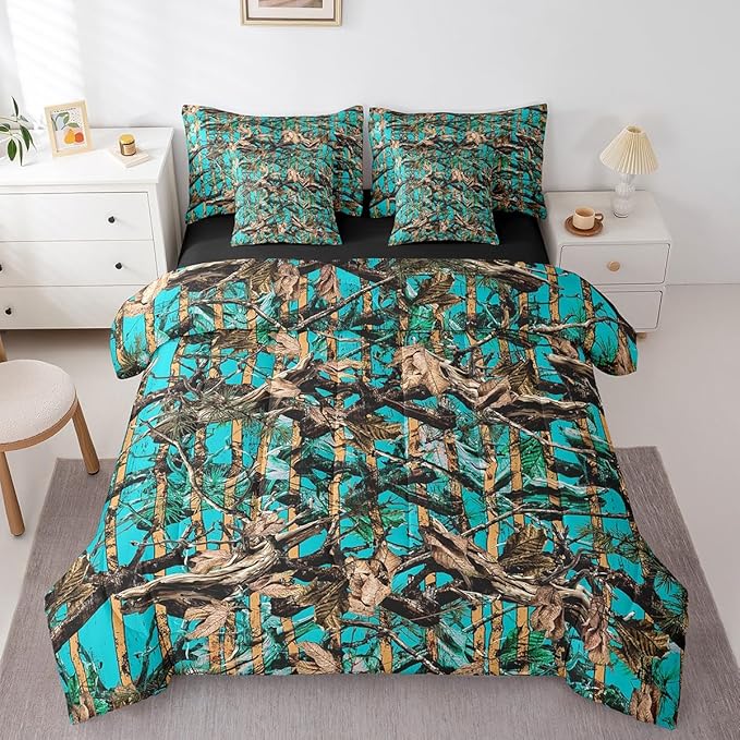 Feelyou Tree Branches 7 Pieces Bedding Set, for Kids Wild Hunting Leaf Bed Set Full Size Botanical Tree Bed in a Bag with Comforter, Sheets, Pillowcases Bedroom Decor Nature Theme Teal Brown