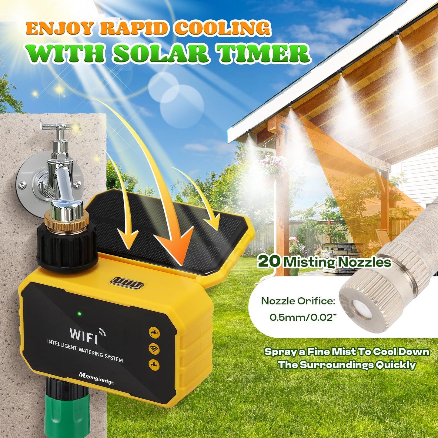 Moongiantgo Outdoor Misting Cooling System with Solar WiFi Water Timer, Misters for Outside Patio with 65.5FT(20M) Water Pipe+20 Misting Nozzles 0.02’’, Mister System for Outside Patio Garden Beaches
