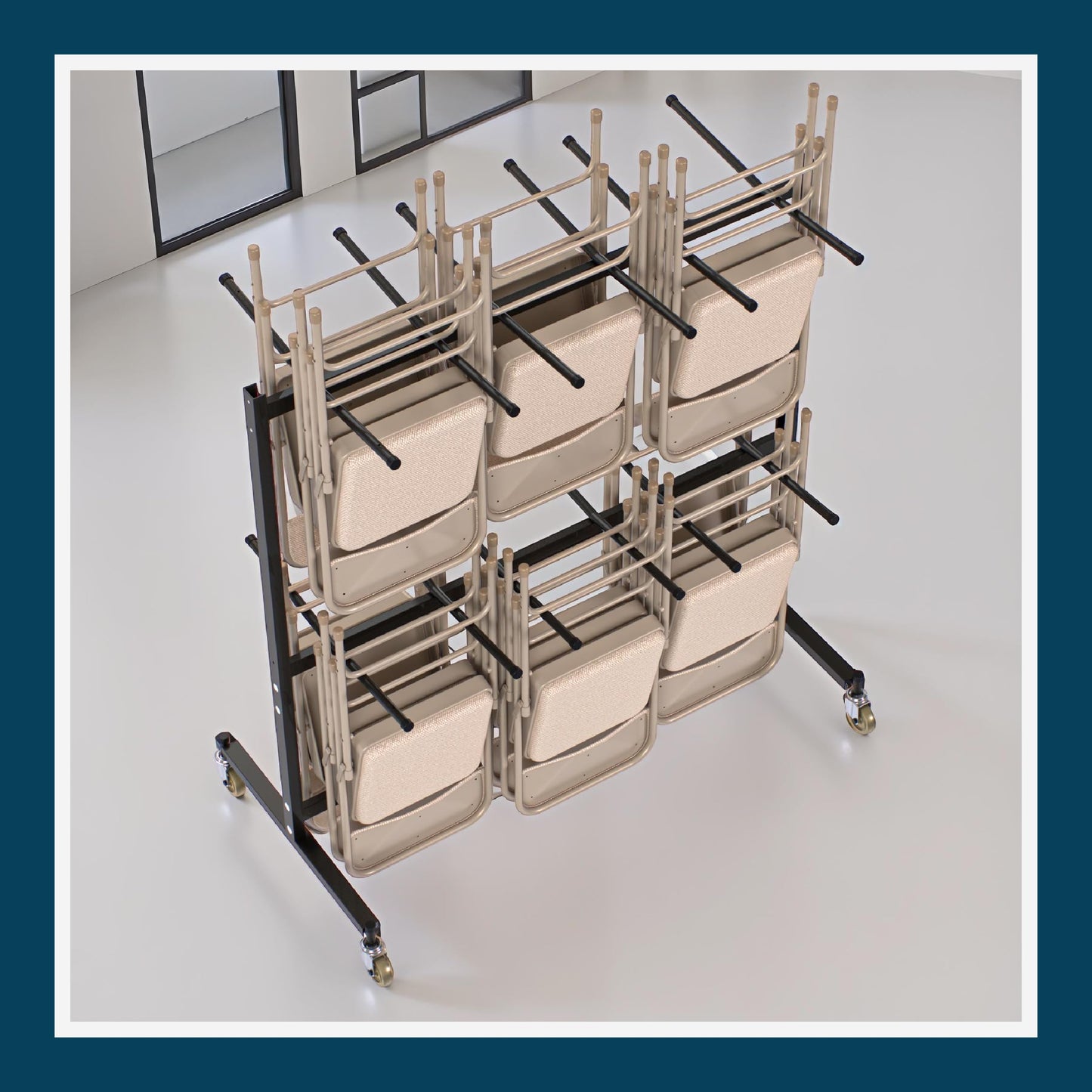 OEF Furnishings OEF84 Series Folding Chair Cart – Heavy-Duty Two-Tier Steel Dolly Rack with Wheels (84 Chairs, Standard Height, Hanging Storage)