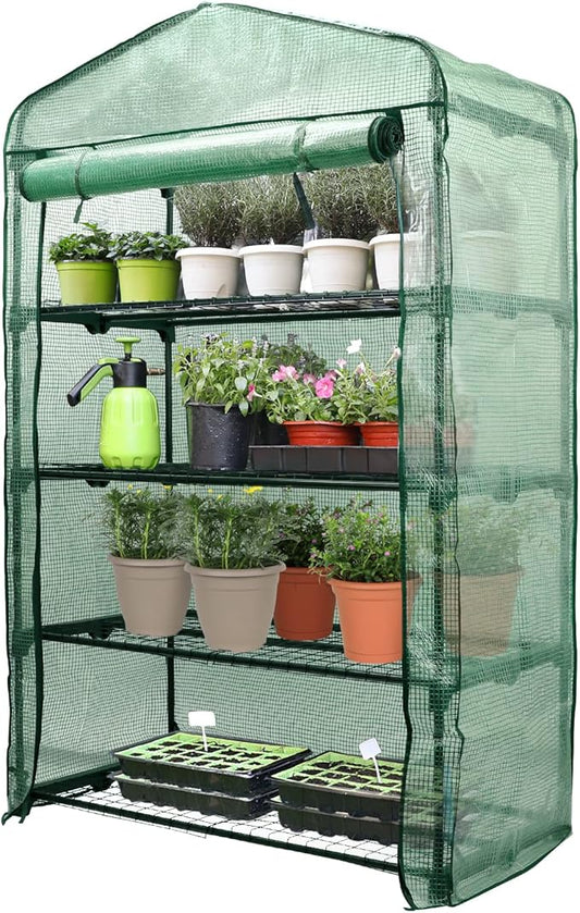 Worth Garden 50% Extra Wide Mini Greenhouse 4 Tier Portable Plant Green House 40in Wide -Sturdy Gardening Shelves with PE Cover & Roll-Up Zipper Door - Indoor & Outdoor Use - 19″W. x 40″L. x63″H.