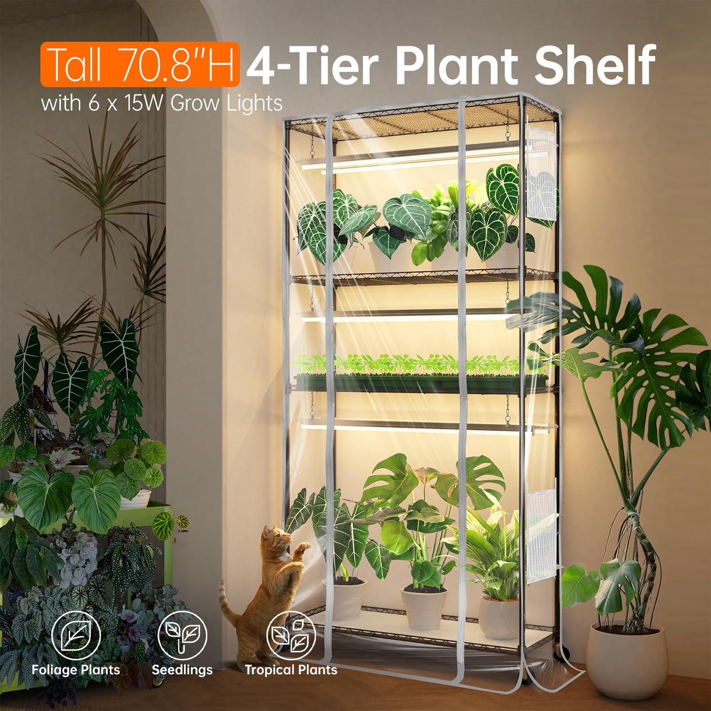 Bstrip Indoor Greenhouse with Grow Light, Tall Green House with 6 Pack T5 Full Spectrum Plant Lights with Timer, Plant Shelf with Tent for Indoor Plant, Seed Starting, Seed Tray, 35.4"x13.8"x70.8"