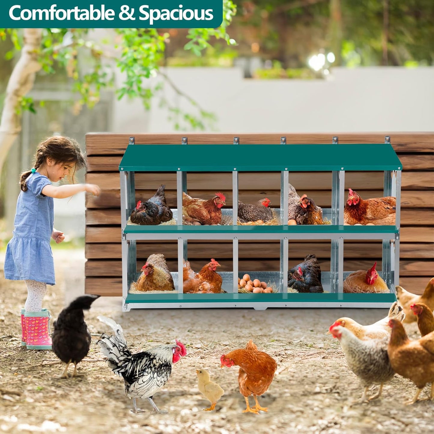 Toriexon Chicken Nesting Box, 10 Compartment Nesting Box, 10 Room Metal Nesting Boxes for Chicken, Green