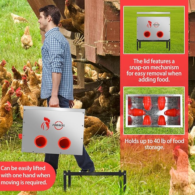 Automatic Chicken Feeder, 40-LB Capacity with 6 Feeding Ports， Galvanized Steel Metal Feeder with Support Frame and Locking Lid，Suitable for Chicken Coops to Prevent Other Animals from Accessing Feed