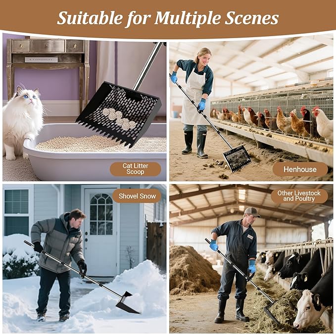 12inch Chicken Poop Scooper & Rake 2-in-1 Chicken Scooper for Poop with 36 to 77" Adjustable Stainless Steel Handle Gloves Heavy Duty Litter Sifting Shovel for Cleaning Coop Farm Pet Waste