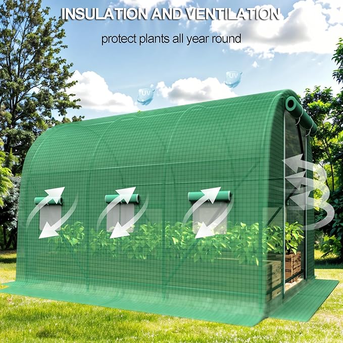 Greenhouse, Portable Greenhouses for Outdoors, Large Walk in Green House for Outside with Ventilated Roll-up Door and Reinforced Frame (Green, 10x10x7 ft w/ Irrigation System)