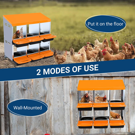 Chicken Nesting Box, 6 Compartments Nesting Boxes for Chickens, Chicken Laying Boxes, Roll Away Nesting Box for Chickens Laying Egg with Lid Cover to Protect Eggs, Orange