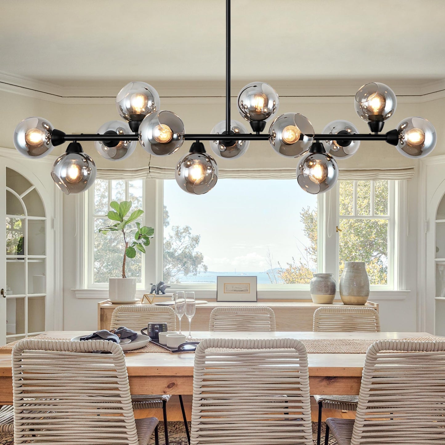 Lzawvm Dining Room Linear Chandelier 13 Lights Sputnik Chandelier Black Kitchen Island Smoky Gray Glass Globe Pendant Light for Living Room Farmhouse Sloped Ceiling, Dia 59 Inch