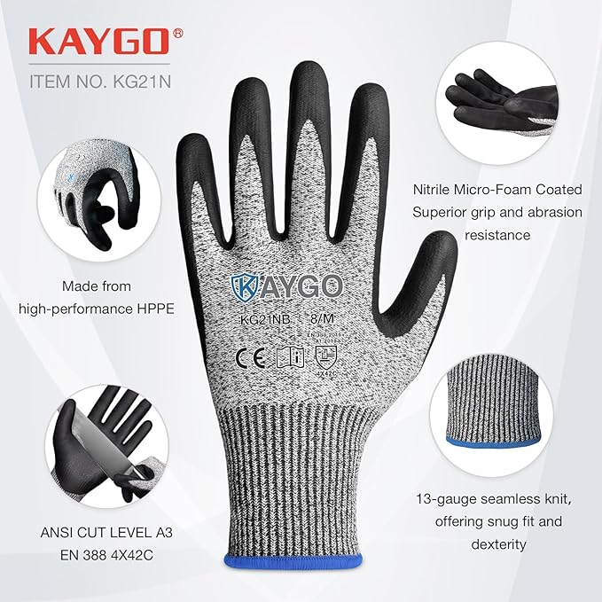 KAYGO Cut Resistant Gloves - Nitrile Micro-Foam Coated, Puncture Proof Safety Gloves for Work, Gardening, and Construction with Enhanced Grip | ANSI Cut Level A3 | KG21NB (Size L, 2 Pairs, Blue)
