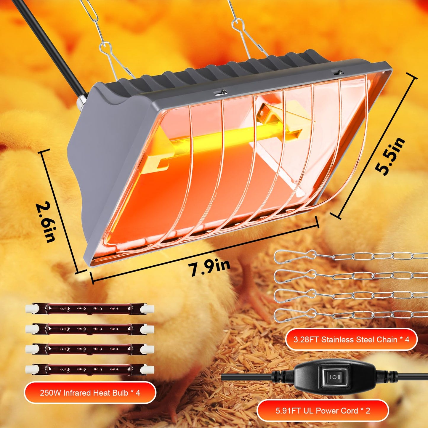Jaenmsa 250W Brooder Heater for Chicks,Chicken Coop Brooder Heating Lamp Warmer 2 Pack with 2Pcs Infrared Heat Bulbs,2 Adjustable Temp(250W/175w) & Hight for Poultry Coop and Small Pets
