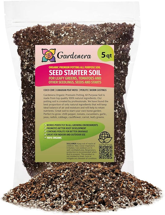 GARDENERA Organic Premium Potting All Purpose Soil - Seed Starter Soil for Leafy Greens, Tomatoes and Other Seedlings, Seeds and Starts - (5 Quart Bag)