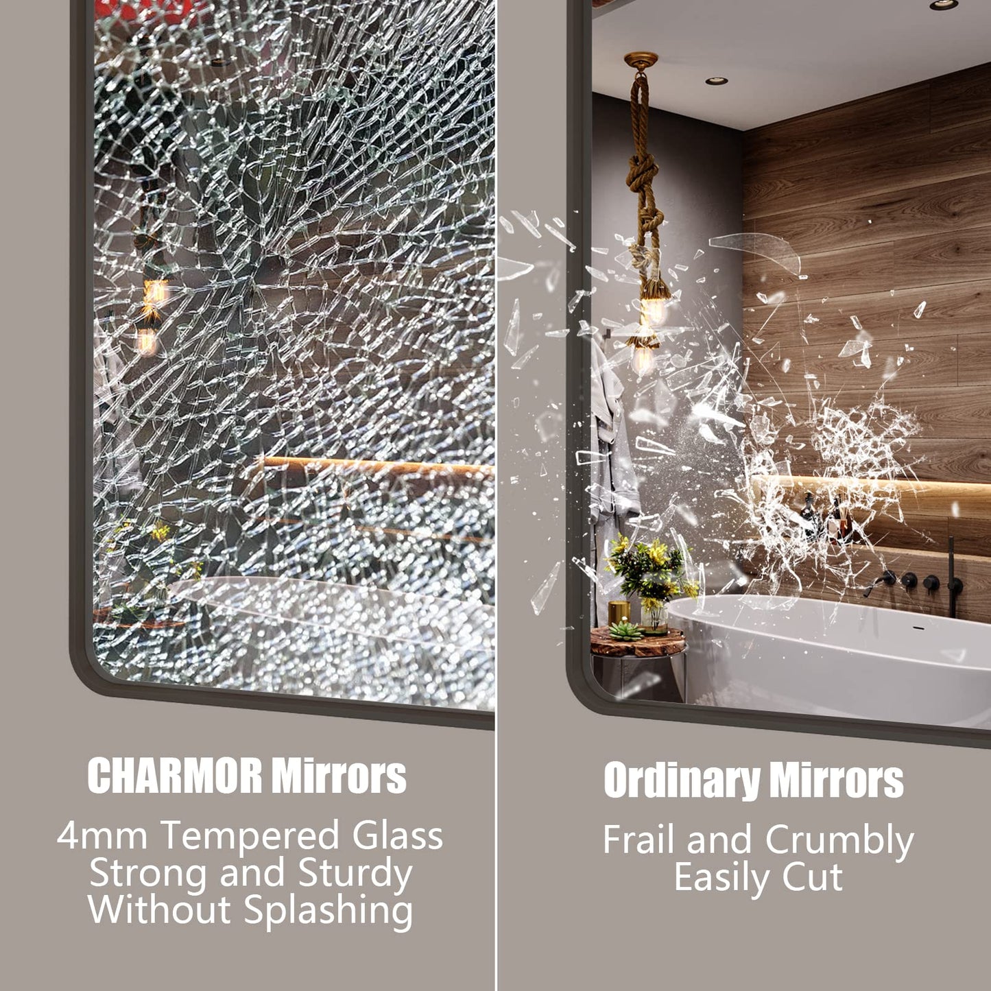 CHARMOR 66x36 Inch Bronze Bathroom Mirror, Brushed Bronze Metal Frame Mirrors for Wall, Rounded Rectangle Bronze Mirror for Vanity,Farmhouse, Bedroom, Anti-Rust (Horizontal/Vertical)