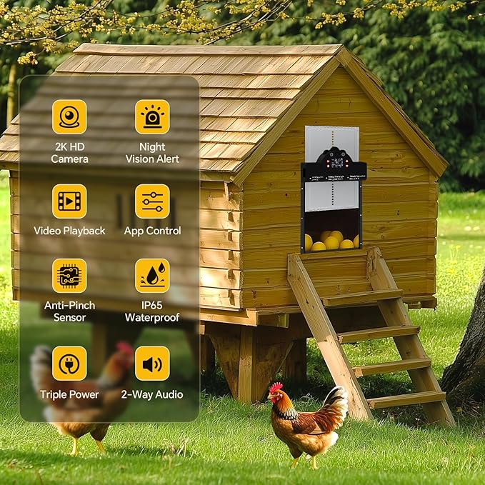 Automatic Chicken Coop Door Solar Powered with 2K Camera & Night Vision Alarm, IP65 Wireless Auto Door Opener, 6-Month Battery, APP Control, 2-Way Audio, Anti-Pinch Design