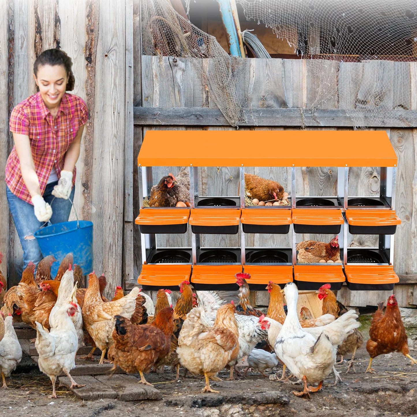 Chicken Nesting Box,10 Compartment Roll Away Nesting Box for Laying Eggs,Wall Mount Chicken Nesting Boxes,Easy Egg Collection,Cleanable Pull Out Hen Roosting Boxes 10 Hole,Green