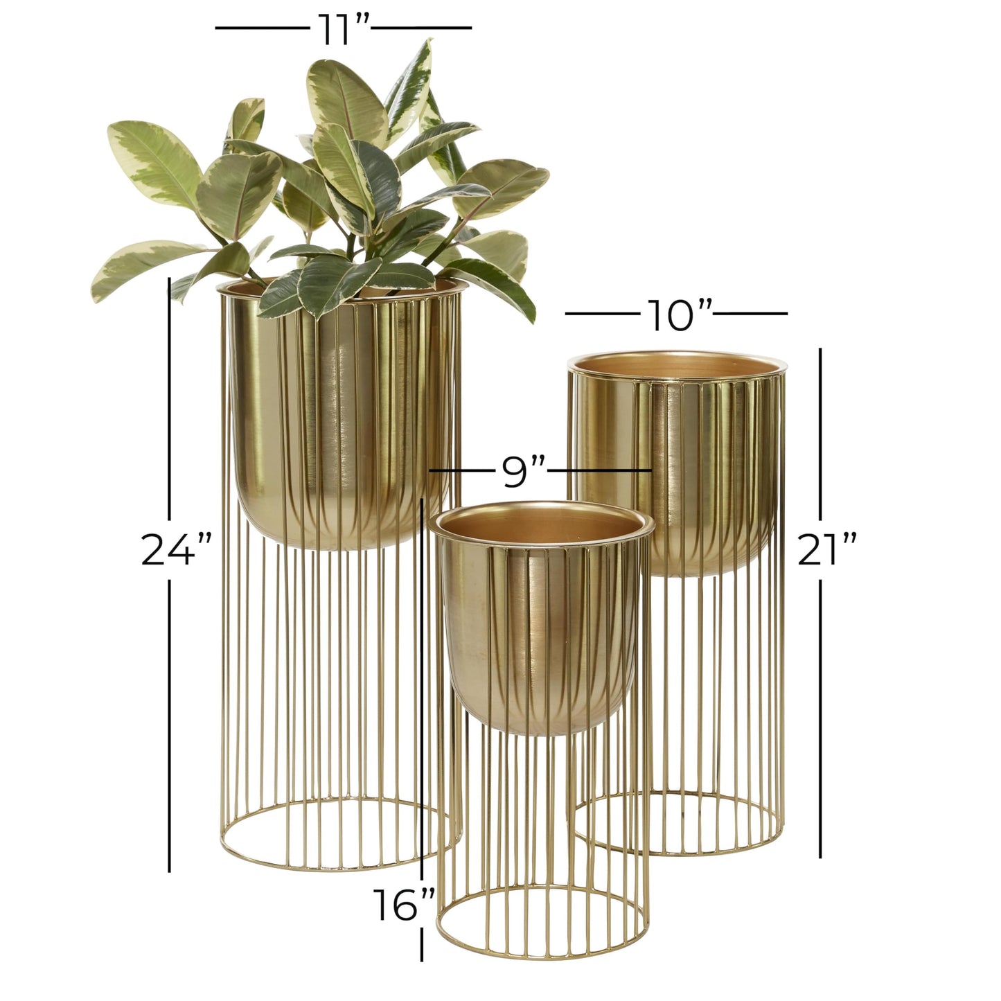 Deco 79 Metal Indoor Outdoor Planter Deep Recessed Dome Large Planter Pot with Elevated Caged Stand, Set of 3 Planters 24", 20", 16"H, Gold