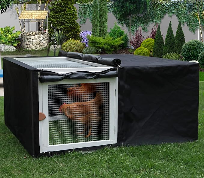 Assembly Free Chicken Coop, Foldable Chicken Run Cage Wooden, Extension Chicken Run Large Chicken Pen Rabbit Enclosure Duck House (White+Black Cover)
