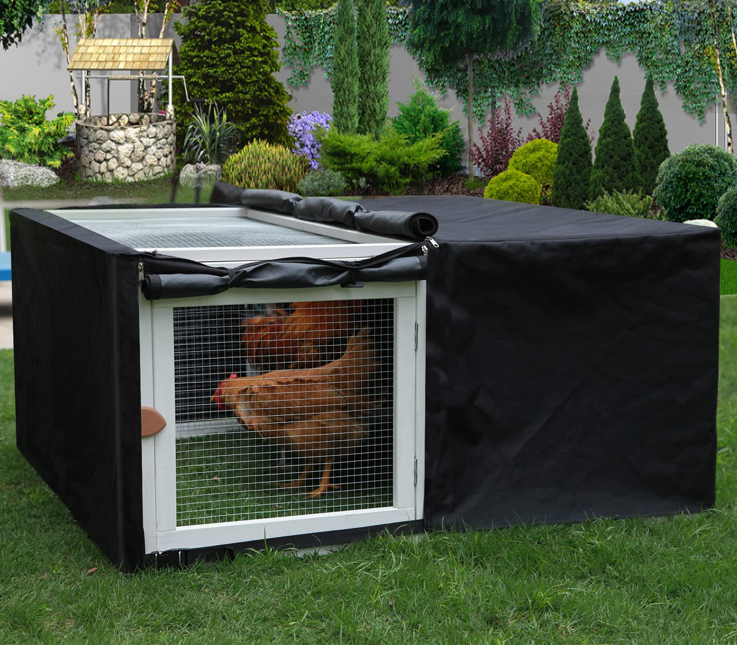 Assembly Free Chicken Coop, Foldable Chicken Run Cage Wooden, Extension Chicken Run Large Chicken Pen Rabbit Enclosure Duck House (White+Black Cover)