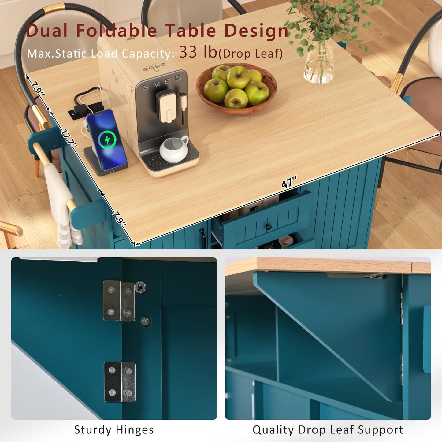 Merax 55.7" Large Kitchen Cart Island on Wheels with 2 Drop Leaf,Power Outlet,3 Drawers,Wood Cabinet for Dining Room