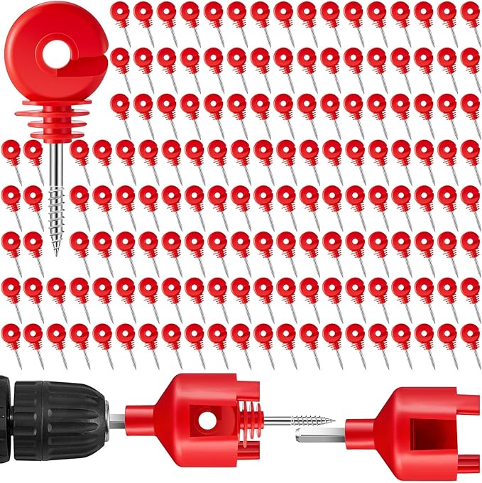 Sweetude 200 Pcs Electric Fence Insulator with 1 Pcs Insulator Socket Tool Screw in Ring Post Wood Post Electric Fence Ring with Socket Tool for Animal(Red)