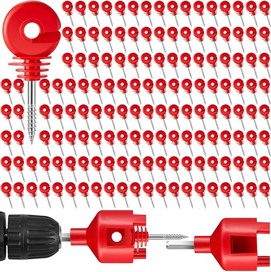 Sweetude 200 Pcs Electric Fence Insulator with 1 Pcs Insulator Socket Tool Screw in Ring Post Wood Post Electric Fence Ring with Socket Tool for Animal(Red)
