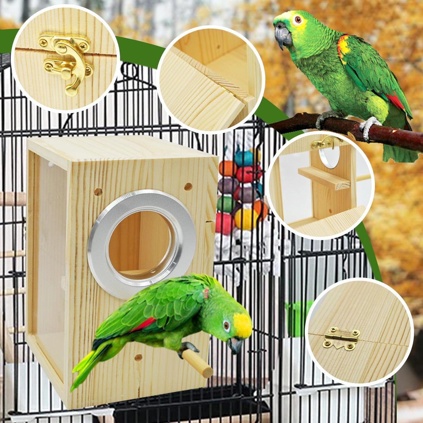 MUYG Parakeet Nesting Box,Transparent Bird Nest Boxs Natural Wooden Breeding Box with Coconut Fiber,Birds Cage House with Perch for Canary Budgies Gouldian Finch Cockatiel Conure and Other Small Birds