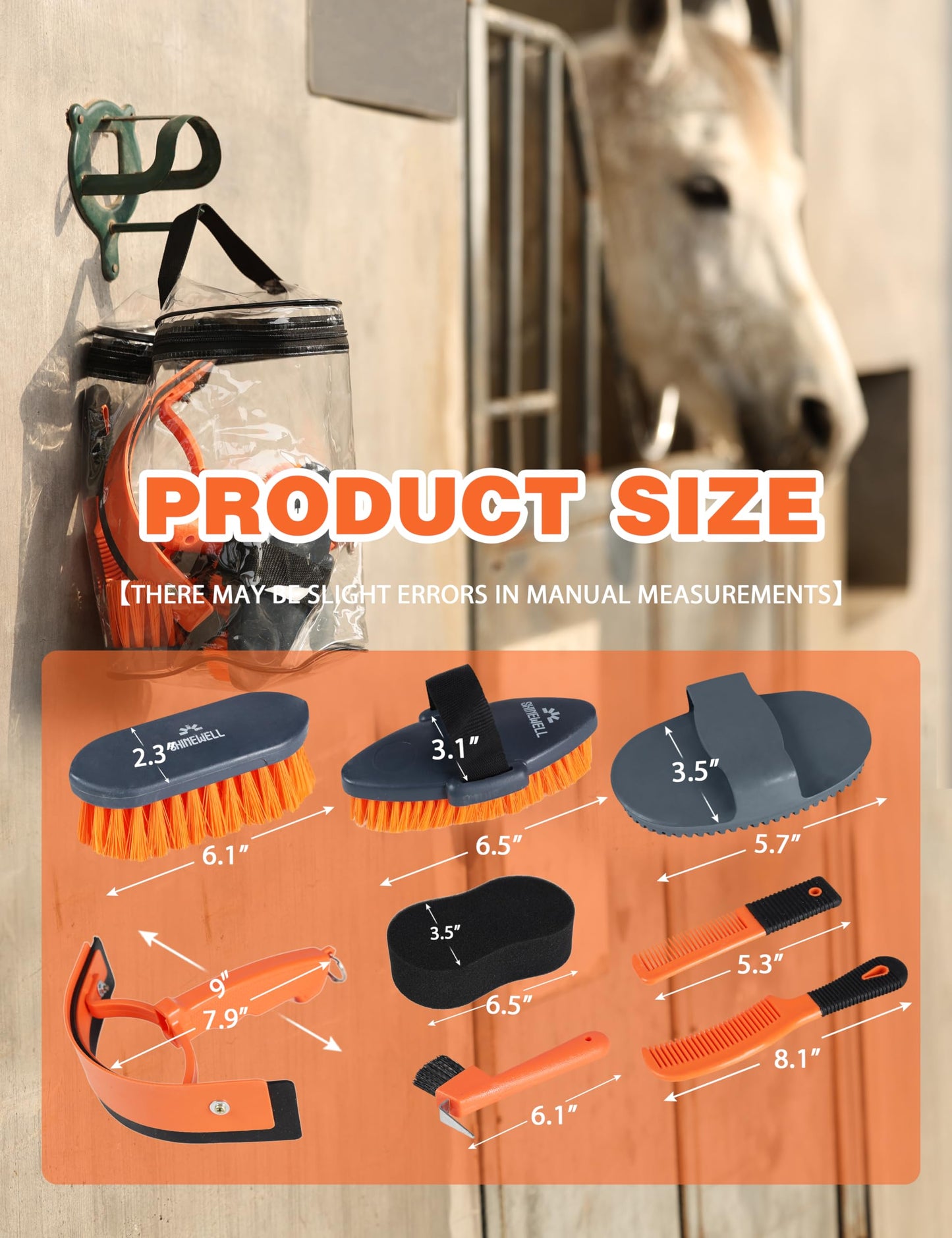 Shinewell Horse Grooming Brushes Kit 9 pieces with Organizer Bag Grooming Care Series Horse Brush Sets Orange