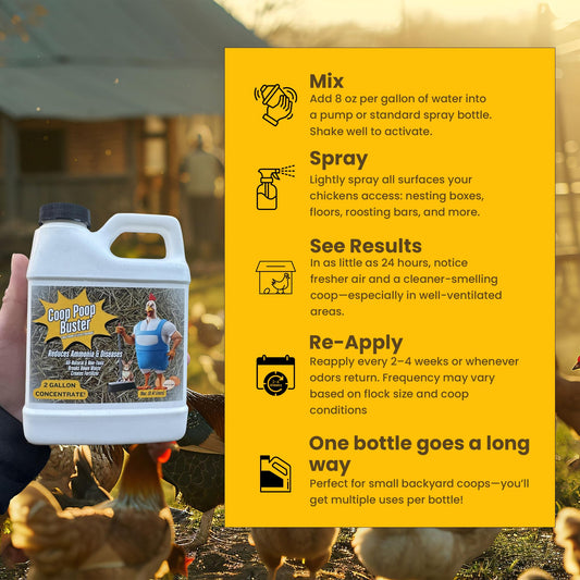 Coop Poop Buster – Chicken Coop Cleaner | 2-Gallon Mix | Natural Coop Refresher for Chickens | Safe & Effective Cleaning | Spray for Coops & Nesting, Chicks, Ducks, | 16 oz Concentrate. 2,000+ Sq Ft