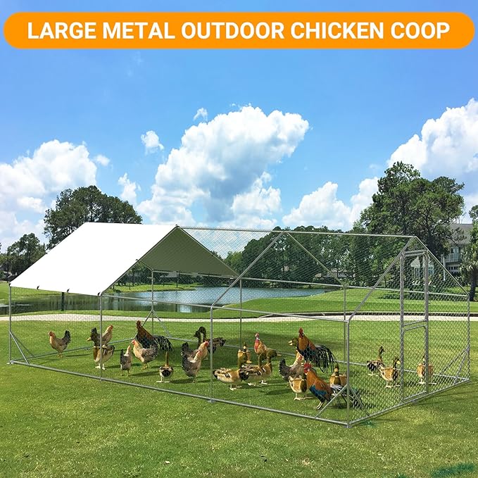 Chicken Runs for Yard with Cover, Large Metal Chicken Coop, 9.8x19.7x6.6FT Chicken Pen with Waterproof and Anti-UV Cover, Walk-in Poultry Cage for Yard Outdoor Duck Rabbit Cage
