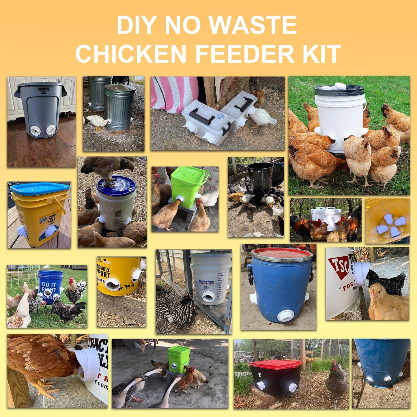 Diy Chicken Poultry Pro Feeder Port No Waste Mess Cups Kit for Gravity Automatic Chickens Bucket Feeder Pro Coop Feeder and Waterer Food Dispenser Set System Equipment for Buckets Barrels Bins Troughs