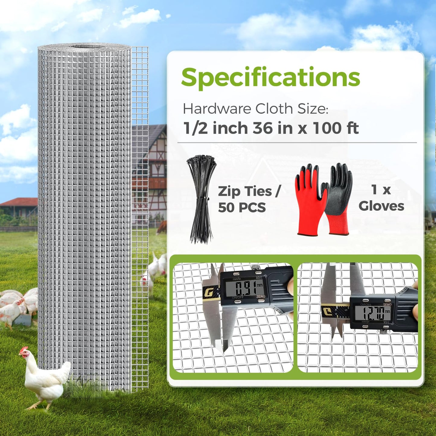 Lienffy Hardware Cloth 1/2 Inch 36inx100ft 19 Gauge Chicken Wire Fencing Hot dip Galvanized Welded Wire Mesh Roll Poultry Netting Rabbit Cage Chicken Run Coop Deer Garden Metal Fence DIY Crafts