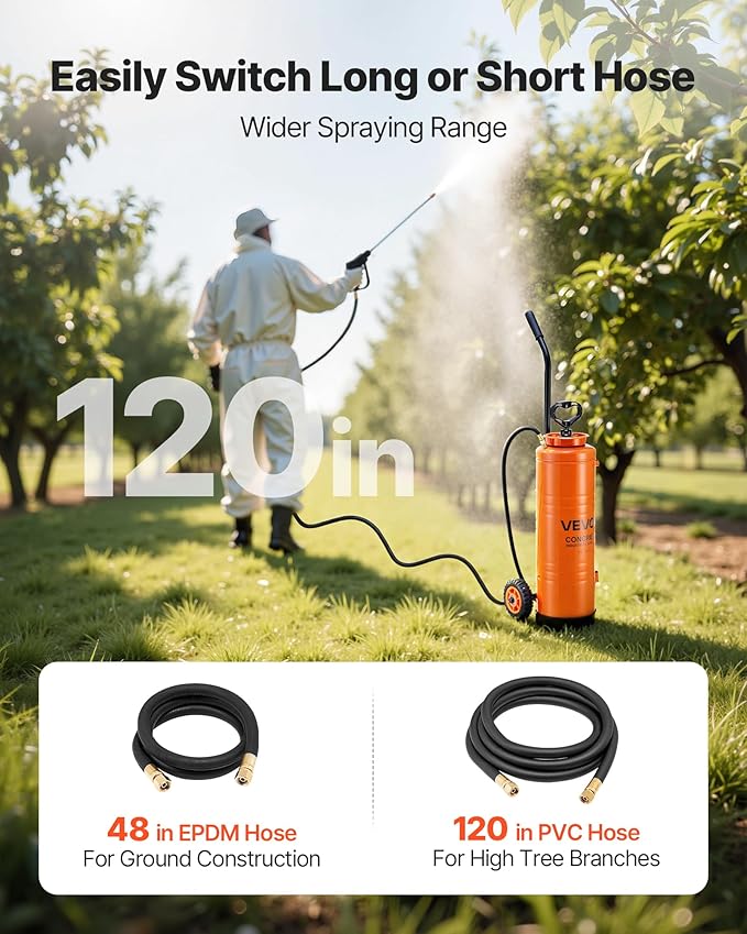 VEVOR Industrial Concrete Sprayer with Wheeled Cart, 5 Gallon Stainless Steel Sprayer, Heavy Duty Tri-Poxy Pump Sprayers, 20.5''Wand, 48" & 120" Hoses, 2 Brass Nozzles for Construction, Lawn & Garden