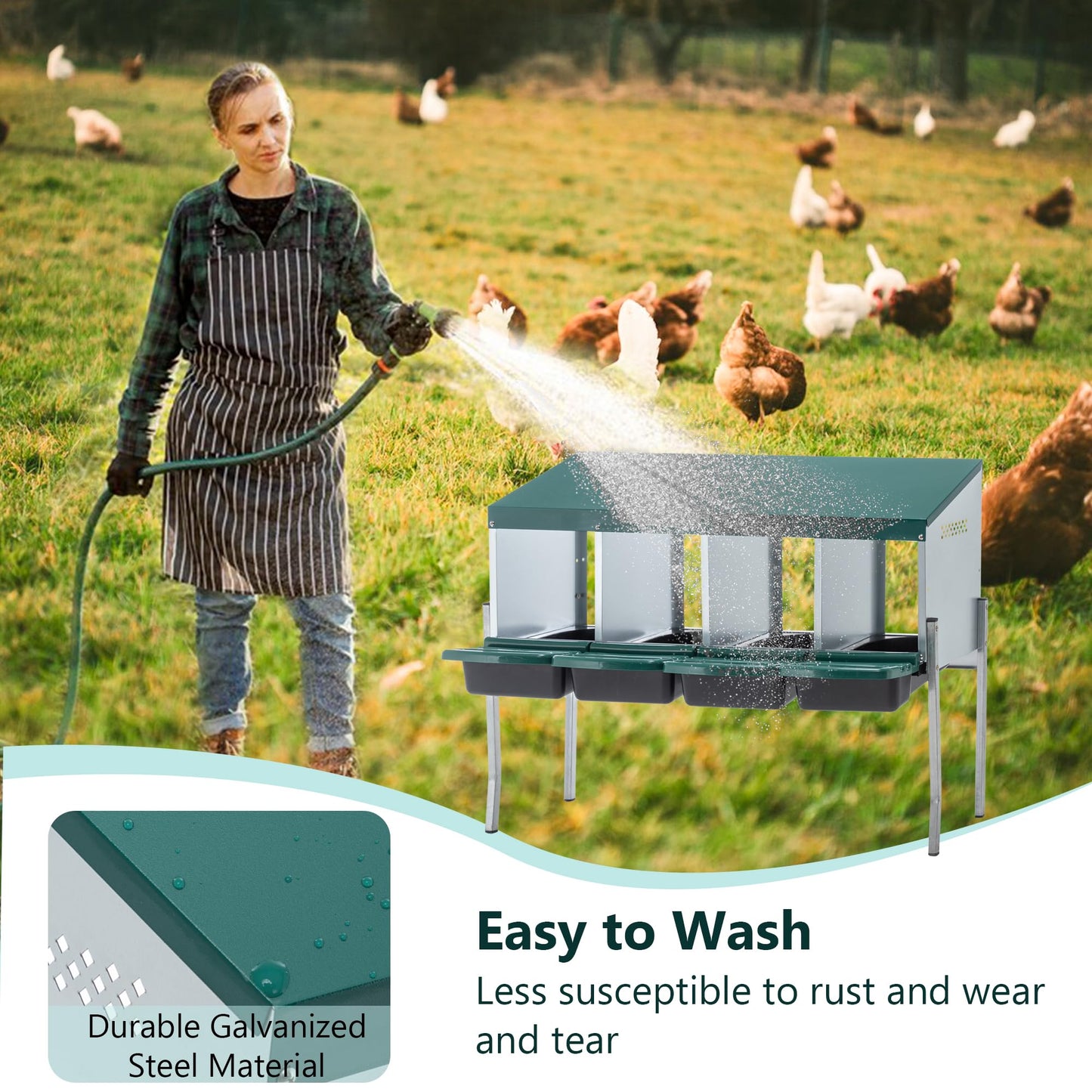 Chicken Nesting Box, 4 Compartment Metal Laying Box, Roll Away Nesting Boxes for Chicken, Indoor & Outdoor Use, Easy Egg Collection, 4 Holes with Legs, Green