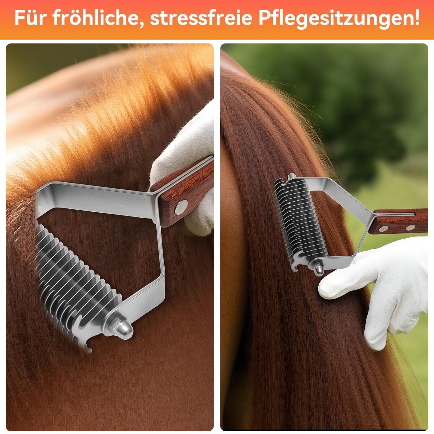 2-Sided Horse Comb Mane Deshedding Tool Goats Cow Brush for Grooming,Horse Brush Set with Leather Show Comb Holder,40 Stainless Blades and Wood Handle,Livestock,Pet