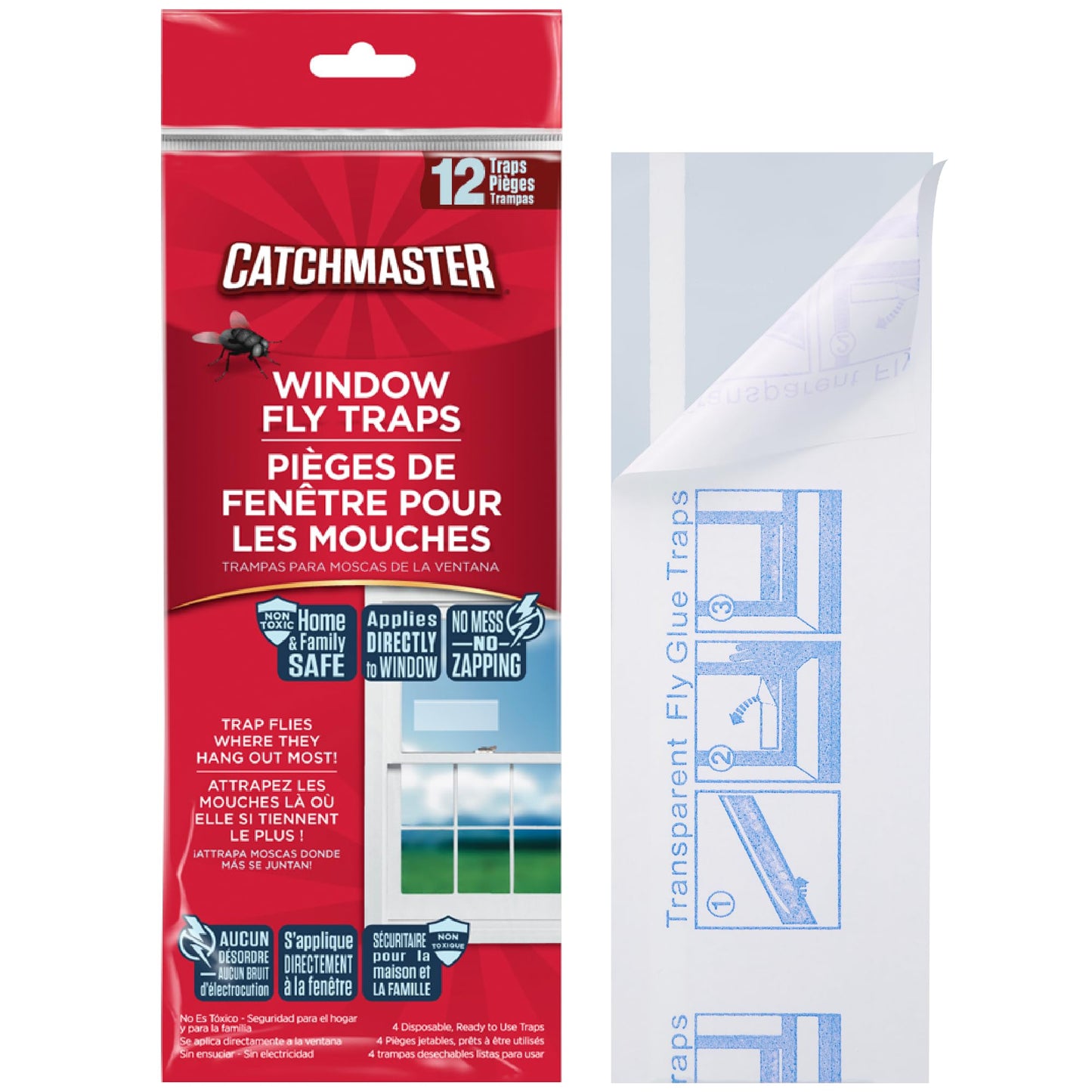 Catchmaster Window Fly Traps 12-Pack, Fruit Fly Traps for Indoors, Disposable Bulk Bug Catcher, Waterproof Insect Glue Trap, Adhesive Strips, Pet Safe Pest Control for Home, Kitchen, & Garage