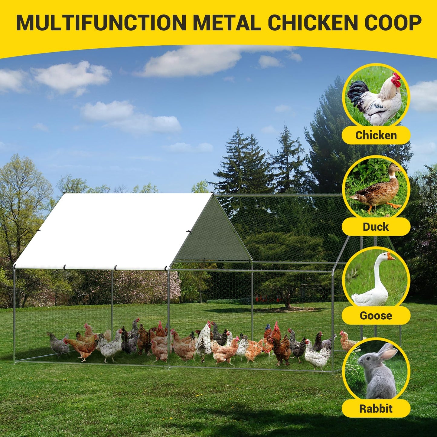 Metal Chicken Coop, Large Chicken Run with Cover, Outdoor Chicken Pen with Double Door, Walk in Chicken Coop for Outdoor Farm Yard (9.8'L x 13.1'W x 6.6'H)