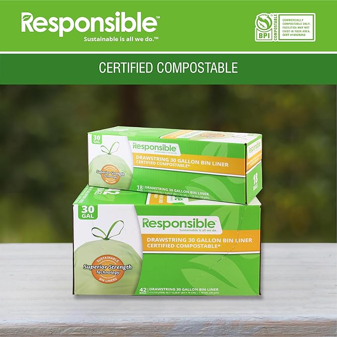 Kitchen Bin Liners, Certified Compostable, Heavy Duty Multipurpose Food Scrap Bags, Made from Compostable Materials (30 Gallon Drawstring, (18 Count))