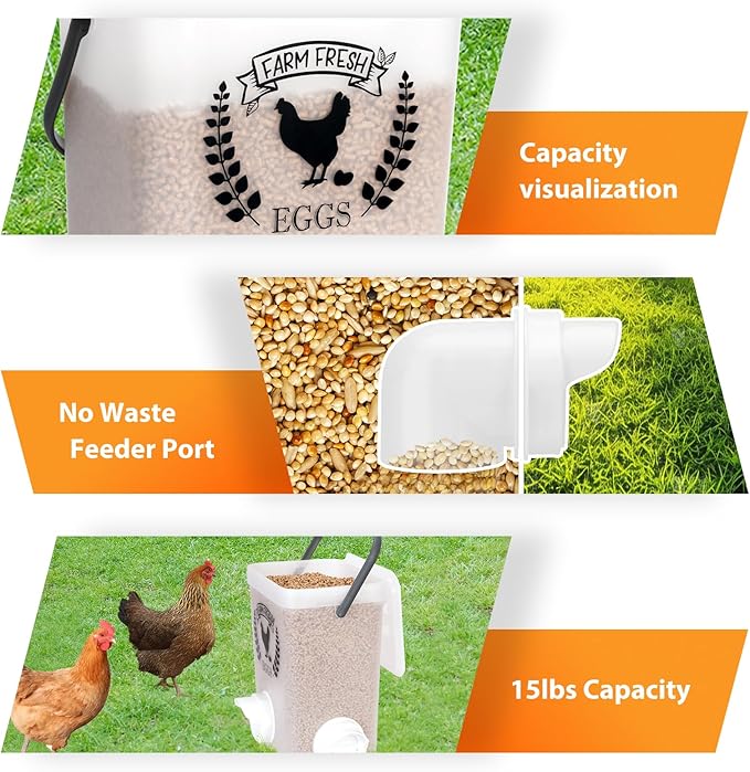 TGEYD Chicken Feeder and Chicken Waterer Set(3 Gal/15 Lb) Hanging Automatic Chicken Feeder, No-Waste Poultry Feeder, Chicken Accessories for Chicken Coop and Chicken Run