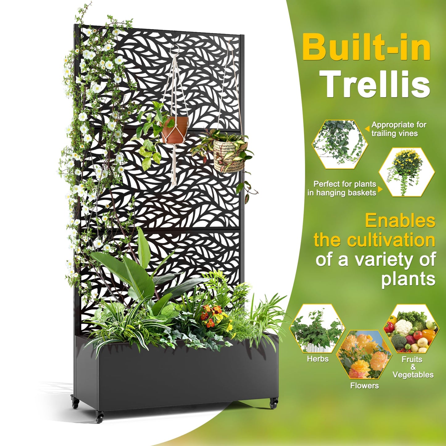 FENCY Metal Raised Garden Bed with Wheels and Trellis,73"x35"x16" Planter Box for Climbing Plants, Vegetables & Vines, Features Privacy Screen and Drainage Holes (Black-Leaf)