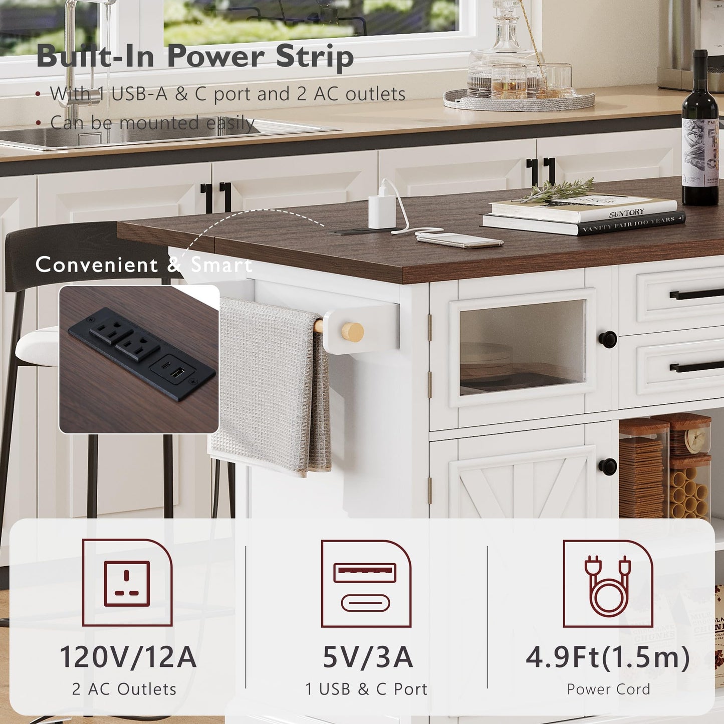 Merax 54.9" Kitchen Island with Drop Leaf, Power Outlet, Rolling Kitchen Storage Cart on 4 Wheels with 4 Door Shelves, Cross Barn Doors & Visual Glass Door for Dining Room, White
