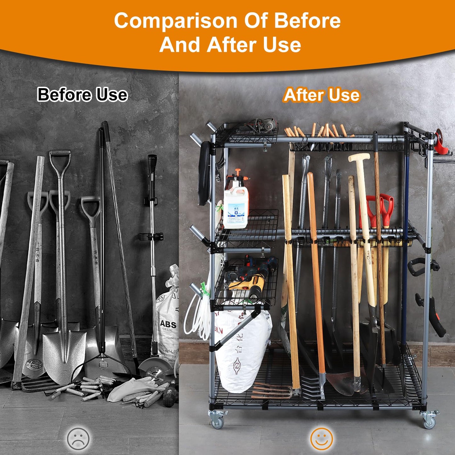 QTJH BIG Garden Tool Organizer with Wheels - Rolling Storage Rack - Multifunctional Cart