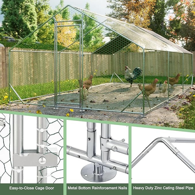 Large Chicken Coop,Metal Chicken Run for Yard with Door,Outdoor Galvanized Wire Poultry Chicken House with Waterproof and Anti-UV Cover,Duck Rabbit Cage (10' L x 20' W x 6.56' H)