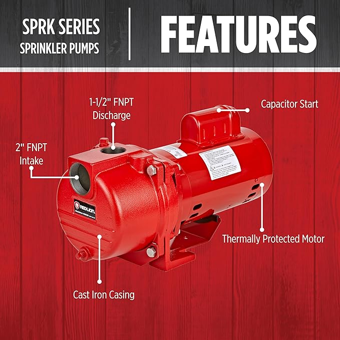 Red Lion RL-SPRK150-BR 115/230-Volt, 1.5 HP, 71 GPM Cast Iron Sprinkler/Irrigation Pump with Brass Impeller, Red, 97101502
