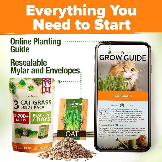 HOME GROWN 3 Cat Grass Seed Mix – Non-GMO Heirloom Oat, Alfalfa & Cat Grass Seeds | Indoor Pet Grass for Cats | High-Germination Greens for Hairball Control, Digestion, and Chewing Enrichment
