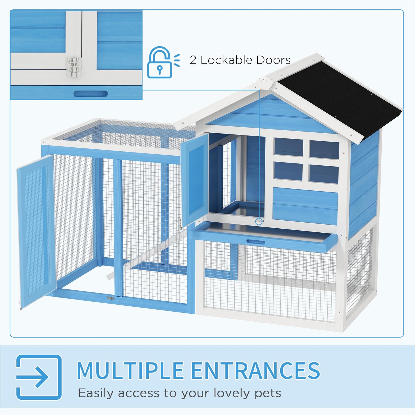 PawHut 48" Wooden Rabbit Hutch Bunny Cage with Waterproof Asphalt Roof, Fun Outdoor Run, Removable Tray and Ramp, Light Blue