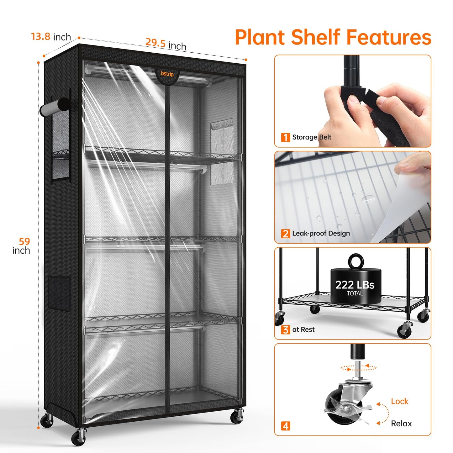 Bstrip Indoor Greenhouse with Grow Light, Plant Stand with 4 Pack 24W Full Spectrum Plant Lights , Plant Shelf with Tent for Indoor Plant, Seed Starting, Seed Tray, 29.5"x13.8"x59"