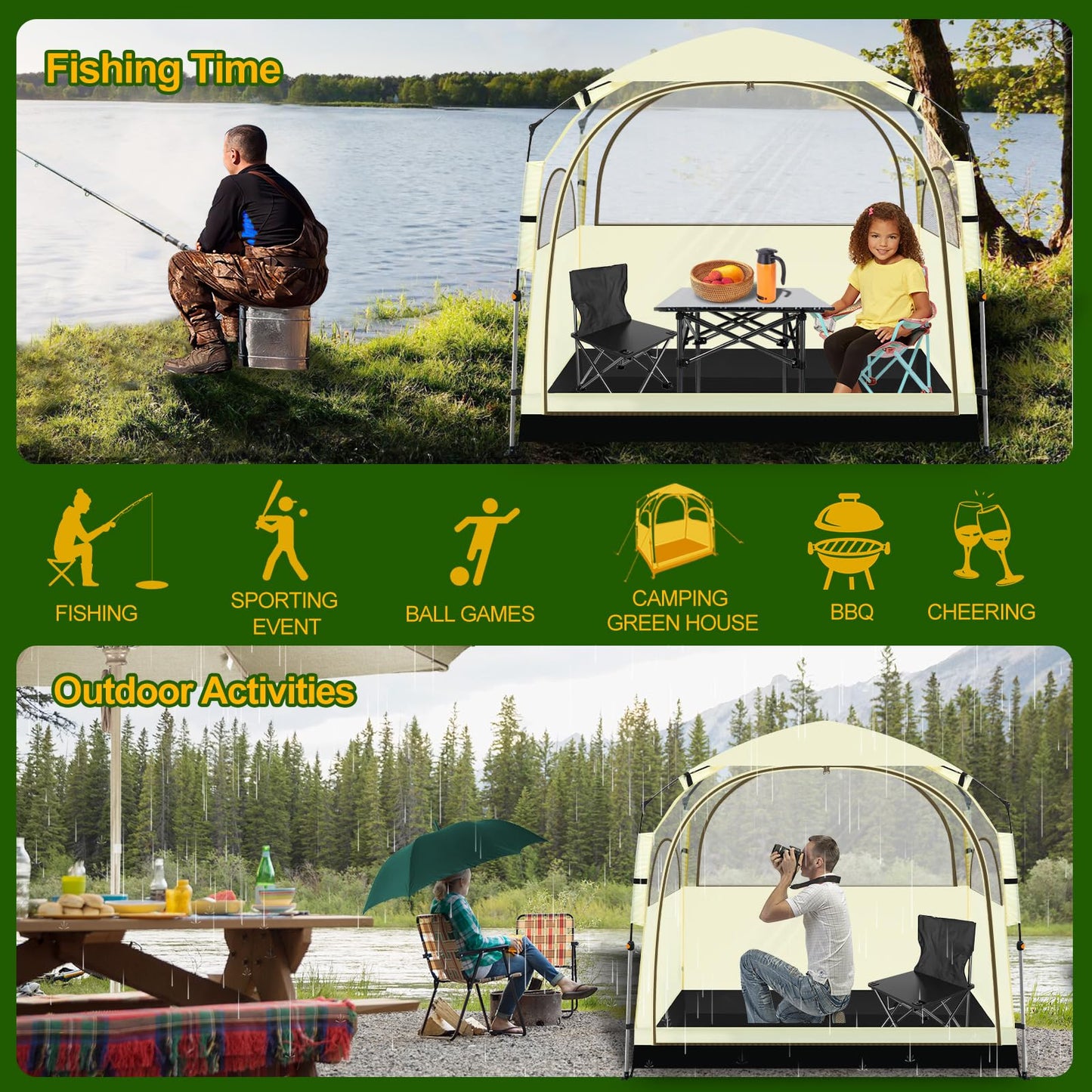 Eapele All Weather Shelter - Sports Tent with Sealed Floor for 3-4 People - Windproof with Stakes - 540° View and Mesh Windows