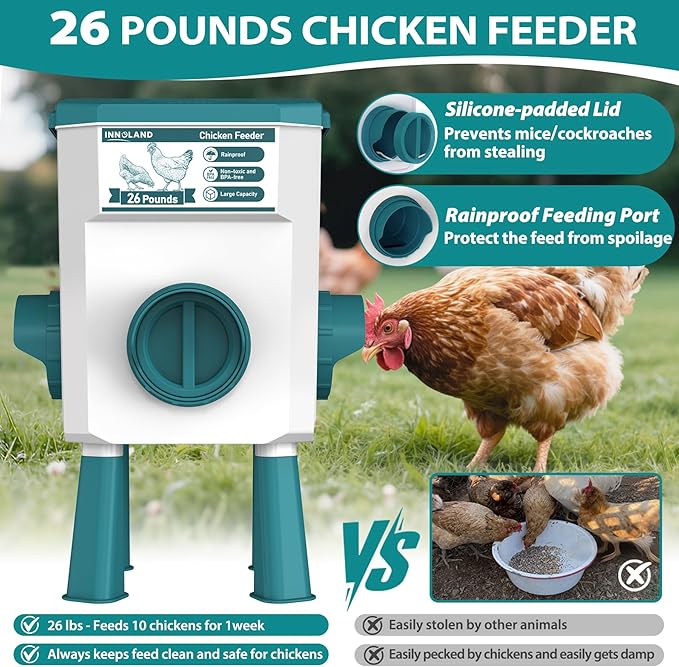 Chicken Feeder and Waterer Set - 3 Gallon/26.5 Pounds, Automatic Chicken Waterer with 4 Cups & 3 Feeder Ports, No Waste Poultry Feeder & Waterer, Chicken Coop Accessories for Hens/Ducks/Poultry