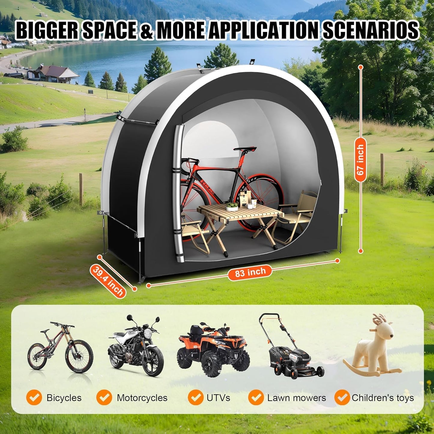 SOFFRIA 39.4" Larger Storage Shed Tent for Bike Motorcycle ebike eScooter Lawn Mower Outdoor Canopy Shelter Protection with Water Resistant Dustproof Windproof and Sunproof for RV Travel